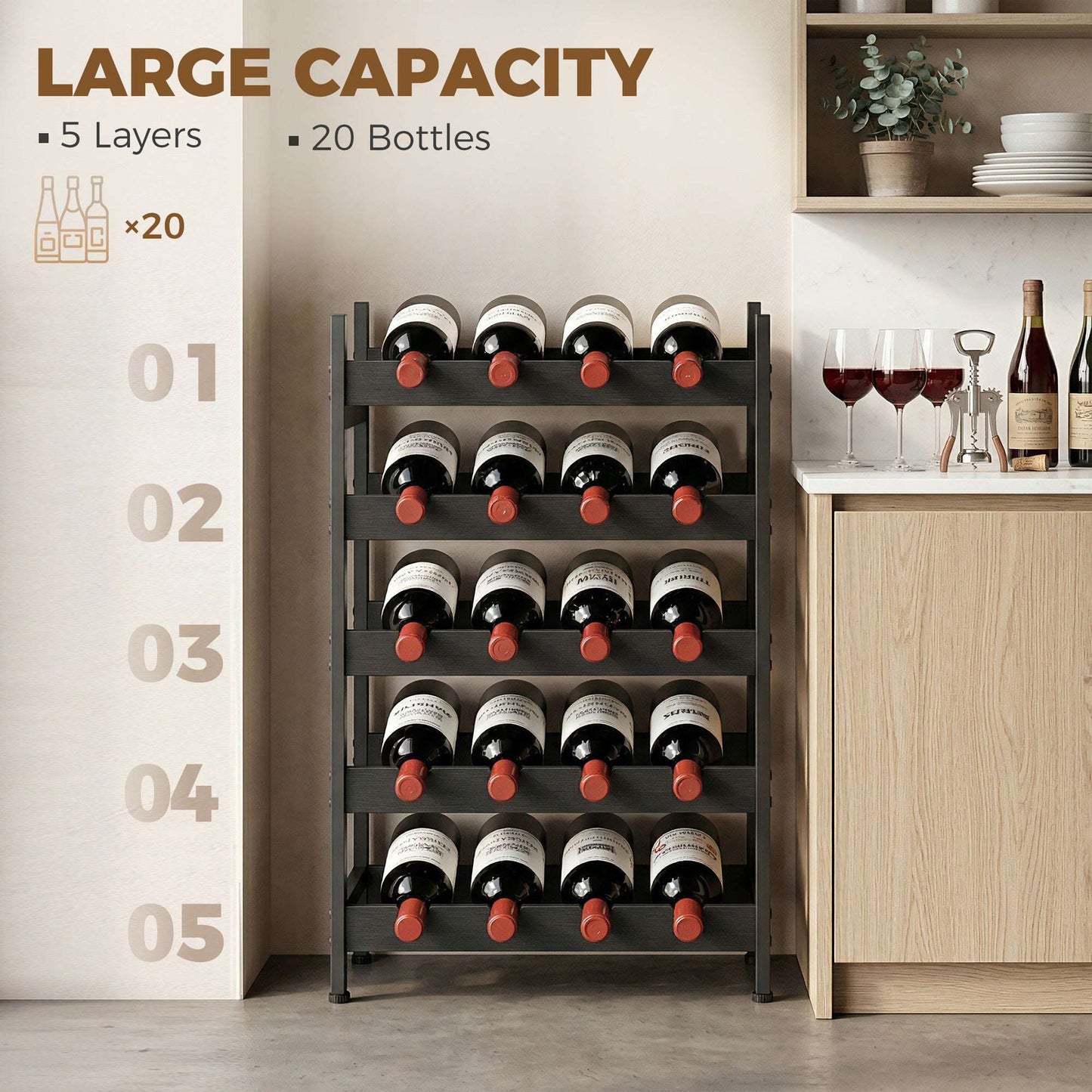 Freestanding Wine Rack | 5-Tier | 20 Bottles | Industrial Steel | Wave Slats | Anti-Tip Strap | Adjustable Feet | Black