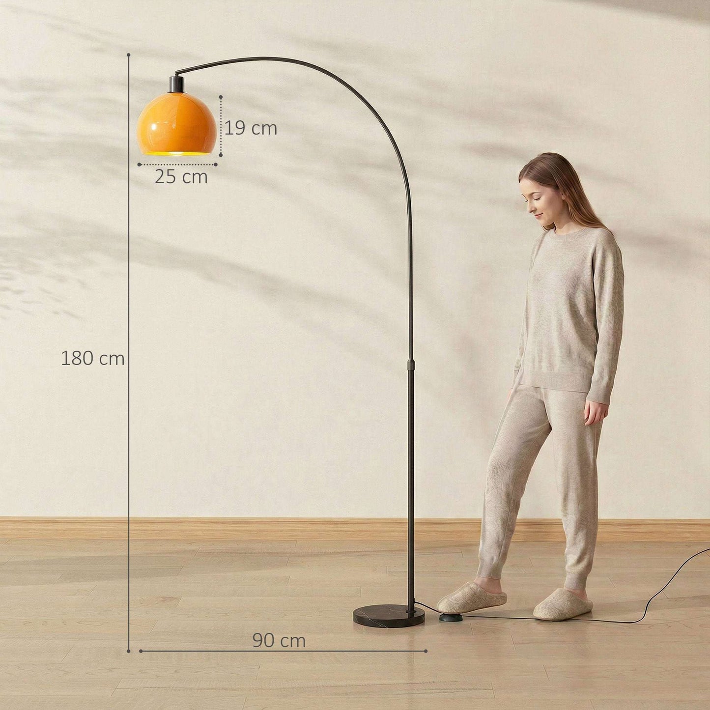 Modern Floor Lamp | Marble Base | Curved Head | Round Shade | Foot Switch | E27 | LED Compatible | 180cm | Black