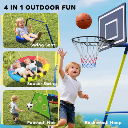 4-in-1 Kids Swing Set with Saucer Swing, Basketball Hoop & Football Goal – Rust-Proof A-Frame, 150kg Capacity, Adjustable Heights, Ages 3–8