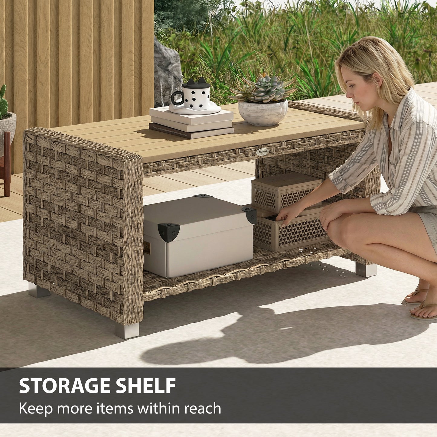2-Tier Rattan Garden Coffee Table | Storage Shelf | Slatted Top | 50kg | Foot Pads | Light Brown