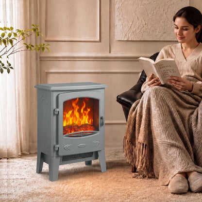 Freestanding Electric Fireplace Stove | Red LED Flame | 1000W/2000W | Forced-Air Fan | Grey