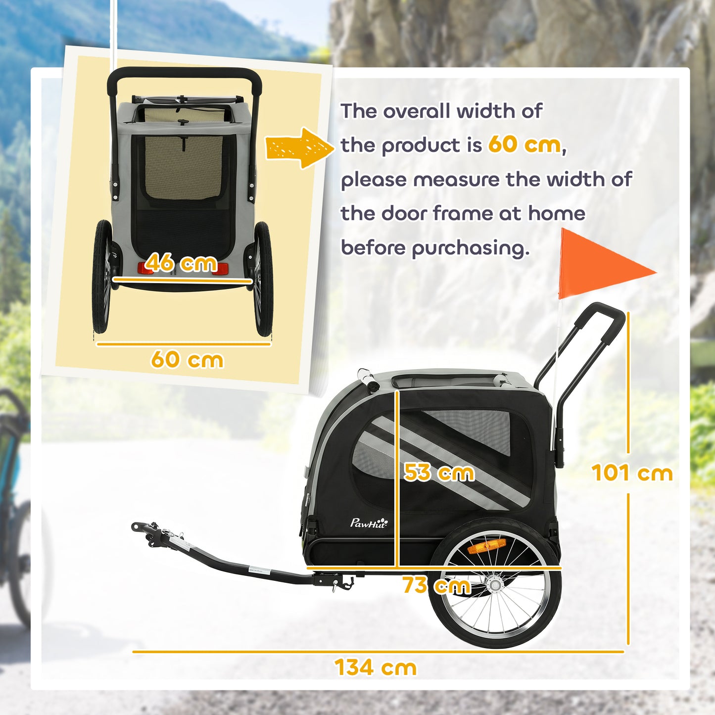 2-in-1 Dog Bike Trailer & Stroller | Mesh Windows | Plastic Curtain | Safety Harness, Flag & Reflectors | Foldable Quick-Release Wheels | Dogs up to 20kg | Grey
