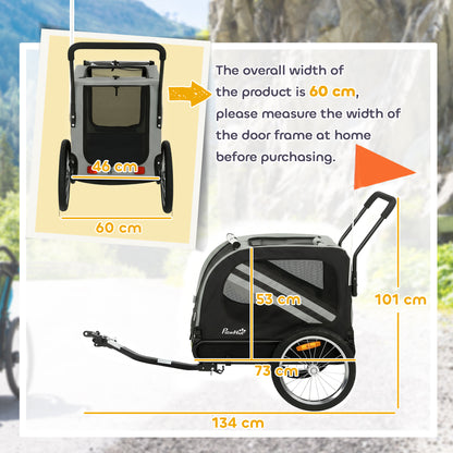 2-in-1 Dog Bike Trailer & Stroller | Mesh Windows | Plastic Curtain | Safety Harness, Flag & Reflectors | Foldable Quick-Release Wheels | Dogs up to 20kg | Grey