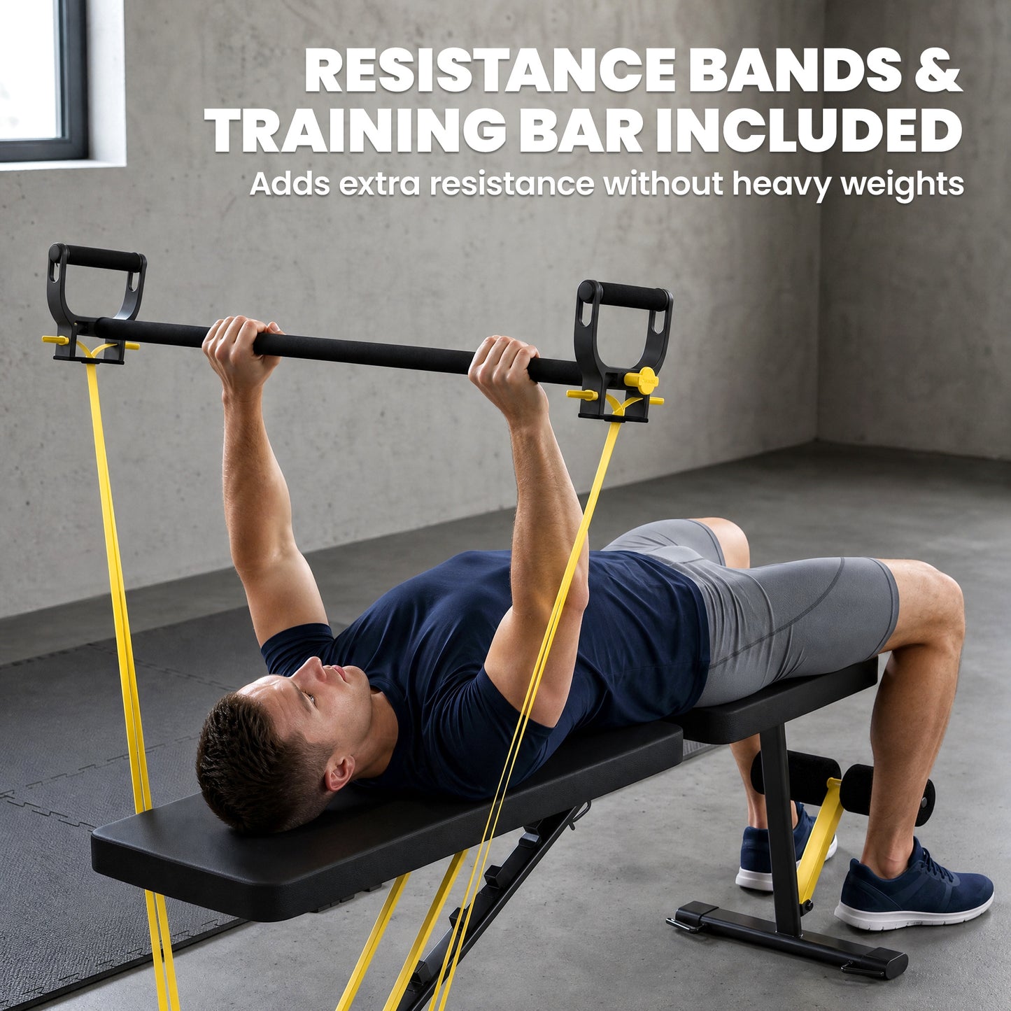 Adjustable Weight Bench | 300kg Capacity | Incline Decline Flat | 7 Backrest Positions | Resistance Bands | Foldable | Yellow