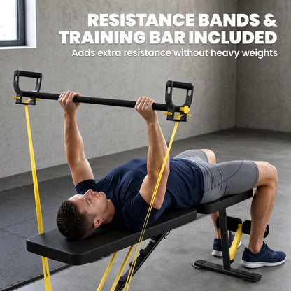 Adjustable Weight Bench | 300kg Capacity | Incline Decline Flat | 7 Backrest Positions | Resistance Bands | Foldable | Yellow