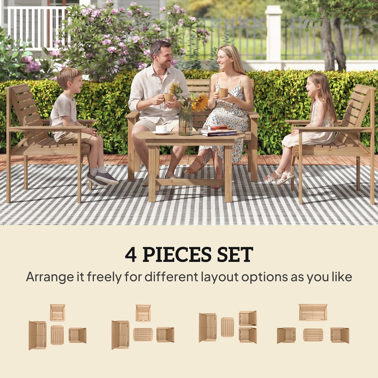 4-Piece Wooden Garden Furniture Set | Loveseat | 2 Armchairs | Coffee Table | Fir Wood | Water-Resistant | Curved Ergonomic Seats | Natural Wood
