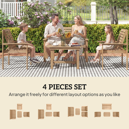 4-Piece Wooden Garden Furniture Set | Loveseat | 2 Armchairs | Coffee Table | Fir Wood | Water-Resistant | Curved Ergonomic Seats | Natural Wood
