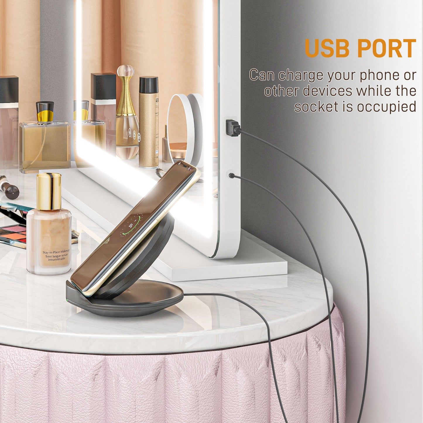 Vanity Mirror with Lights, Large Lighted Makeup Mirror with 3 Colour Lighting Modes, USB Charging Port, Touch Screen, Tabletop or Wall Mounted Design