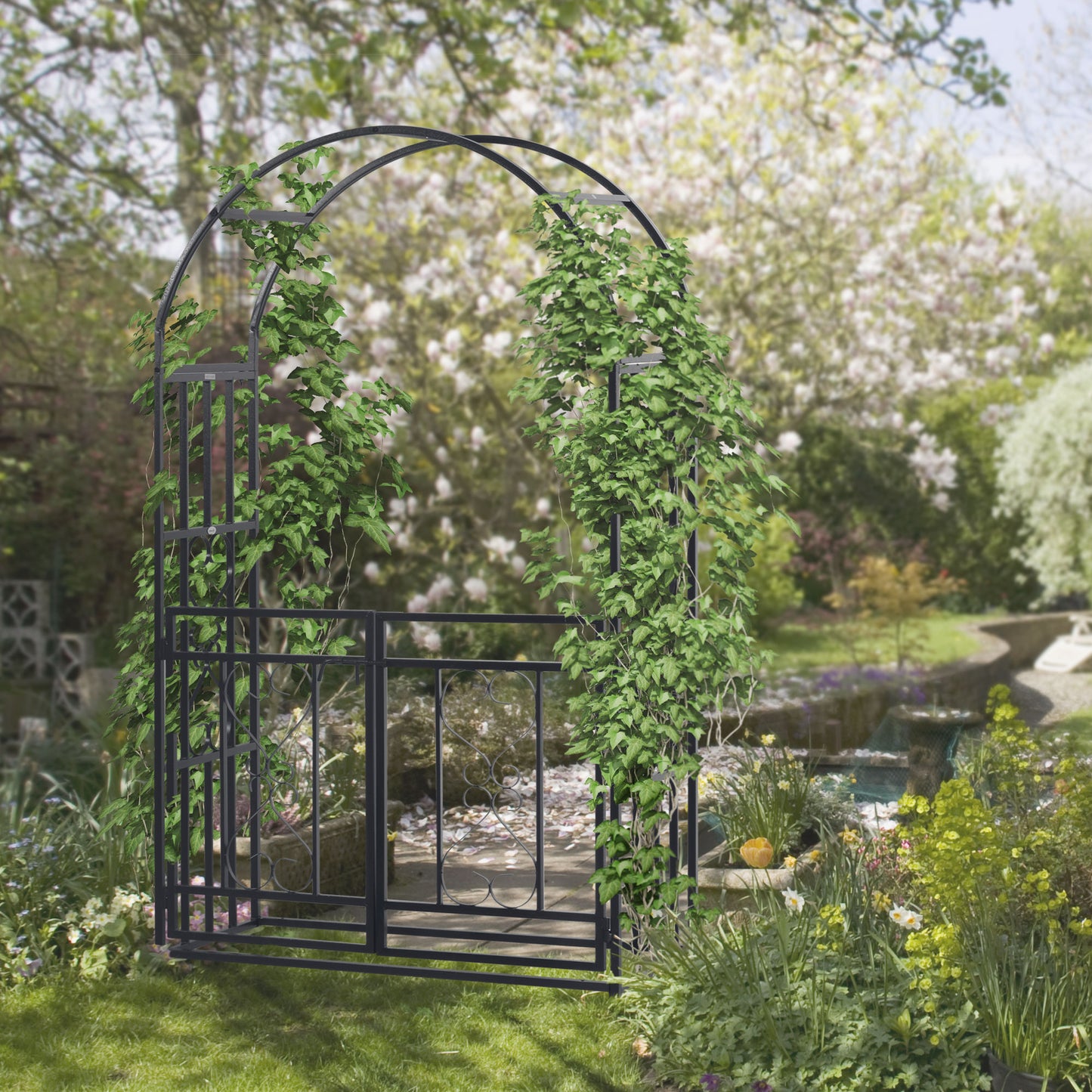 Outdoor Garden Arch with Double Gates, Metal Garden Arbor for Climbing Plants, Roses, Vines, Wedding Arch for Outdoor, 114L x 50W x 206H cm