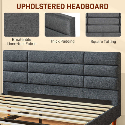 Upholstered King Bed Frame, With Slats - Grey