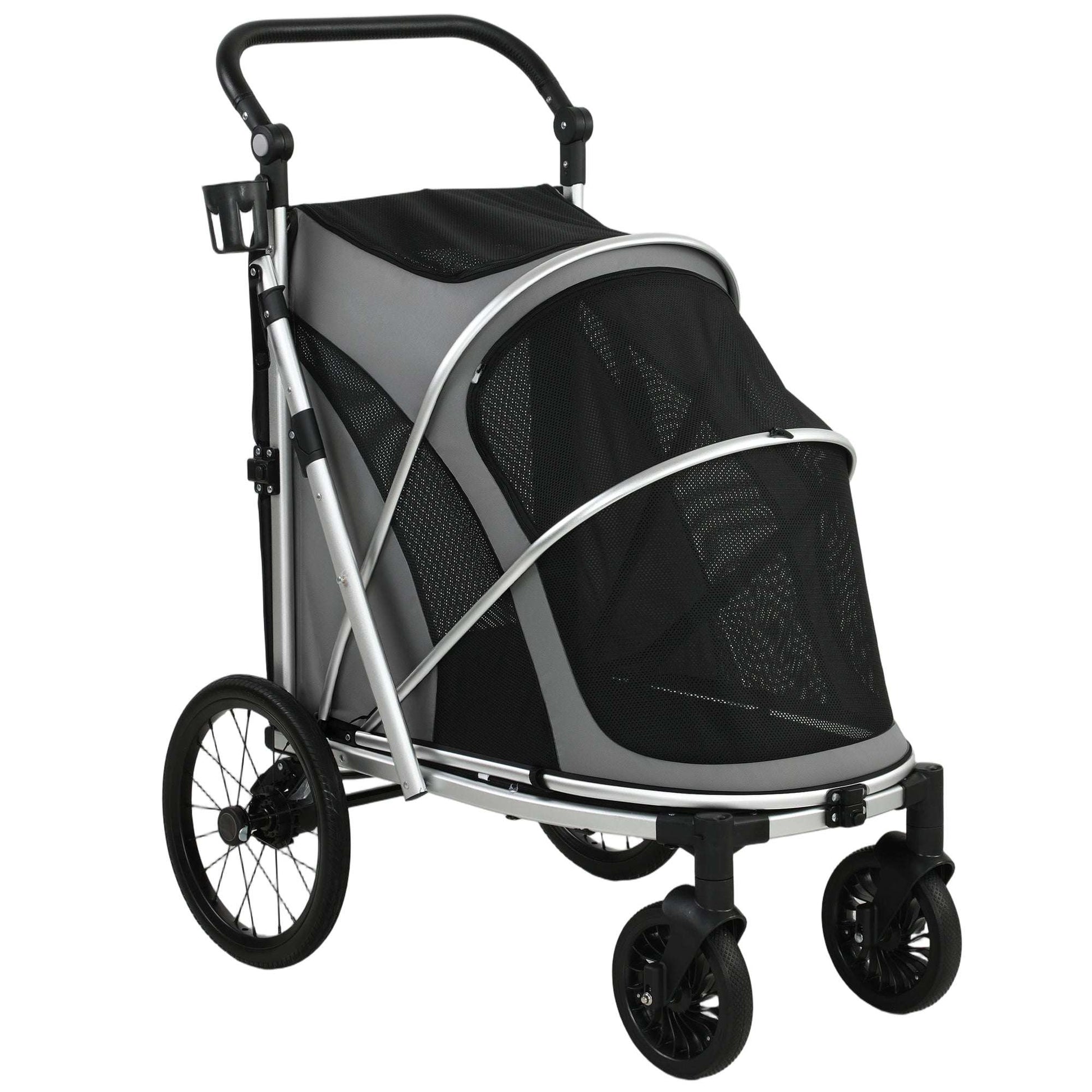 Dog Stroller for Small & Medium Dogs | Rust-Resistant Aluminium Frame | Breathable Mesh Windows | Adjustable Handlebar | Removable Cushion | Quick Fold | 16" & 8" Wheels | 20kg Max | 94x69x118cm | Grey