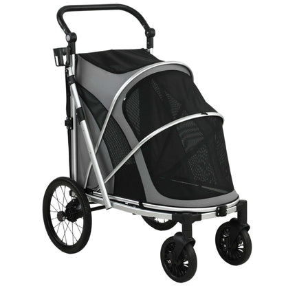 Dog Stroller for Small & Medium Dogs | Rust-Resistant Aluminium Frame | Breathable Mesh Windows | Adjustable Handlebar | Removable Cushion | Quick Fold | 16" & 8" Wheels | 20kg Max | 94x69x118cm | Grey