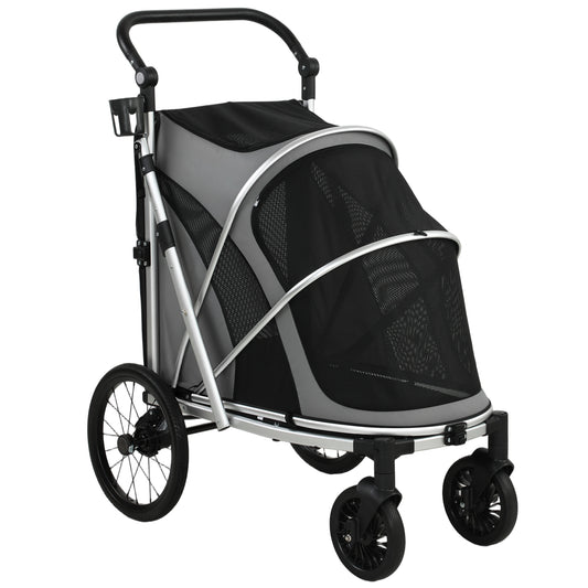 Dog Stroller for Small & Medium Dogs | Rust-Resistant Aluminium Frame | Breathable Mesh Windows | Adjustable Handlebar | Removable Cushion | Quick Fold | 16" & 8" Wheels | 20kg Max | 94x69x118cm | Grey