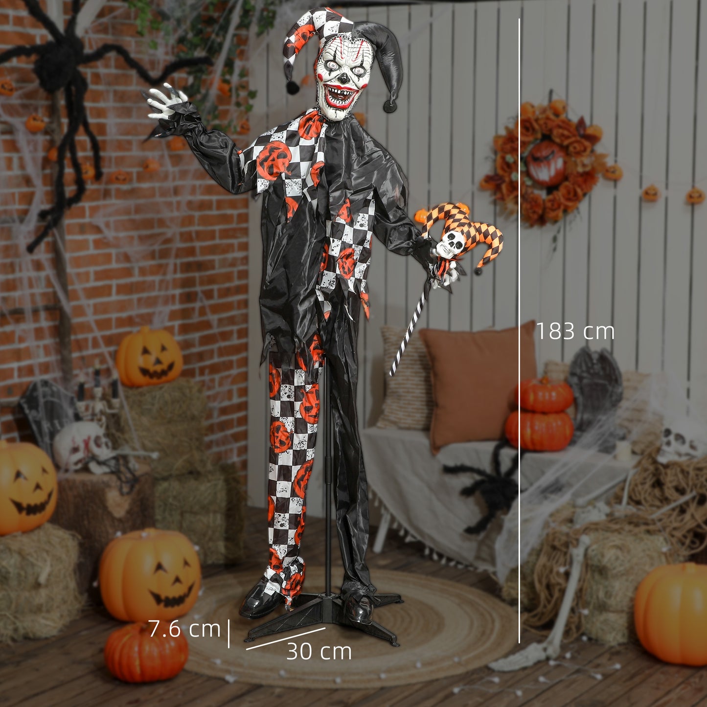 183 cm Life Size Halloween Animated Clown & Skull Staff with Red Light Up Eyes, Sound Activated Moving Arms & Head, Scary Clown Halloween Decorations, Battery Operated, Indoor Party Props