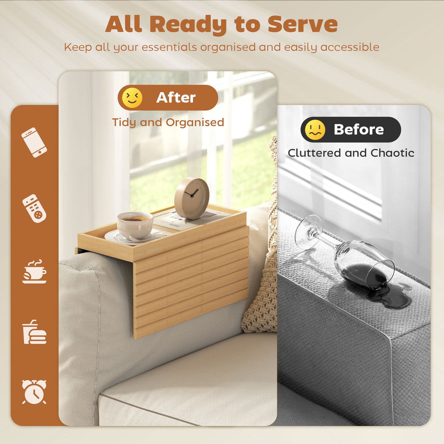 Bamboo Sofa Arm Tray | Foldable | 2cm Recessed Anti-Slip Tray | Drinks & Snacks | No Assembly | Natural Wood Finish