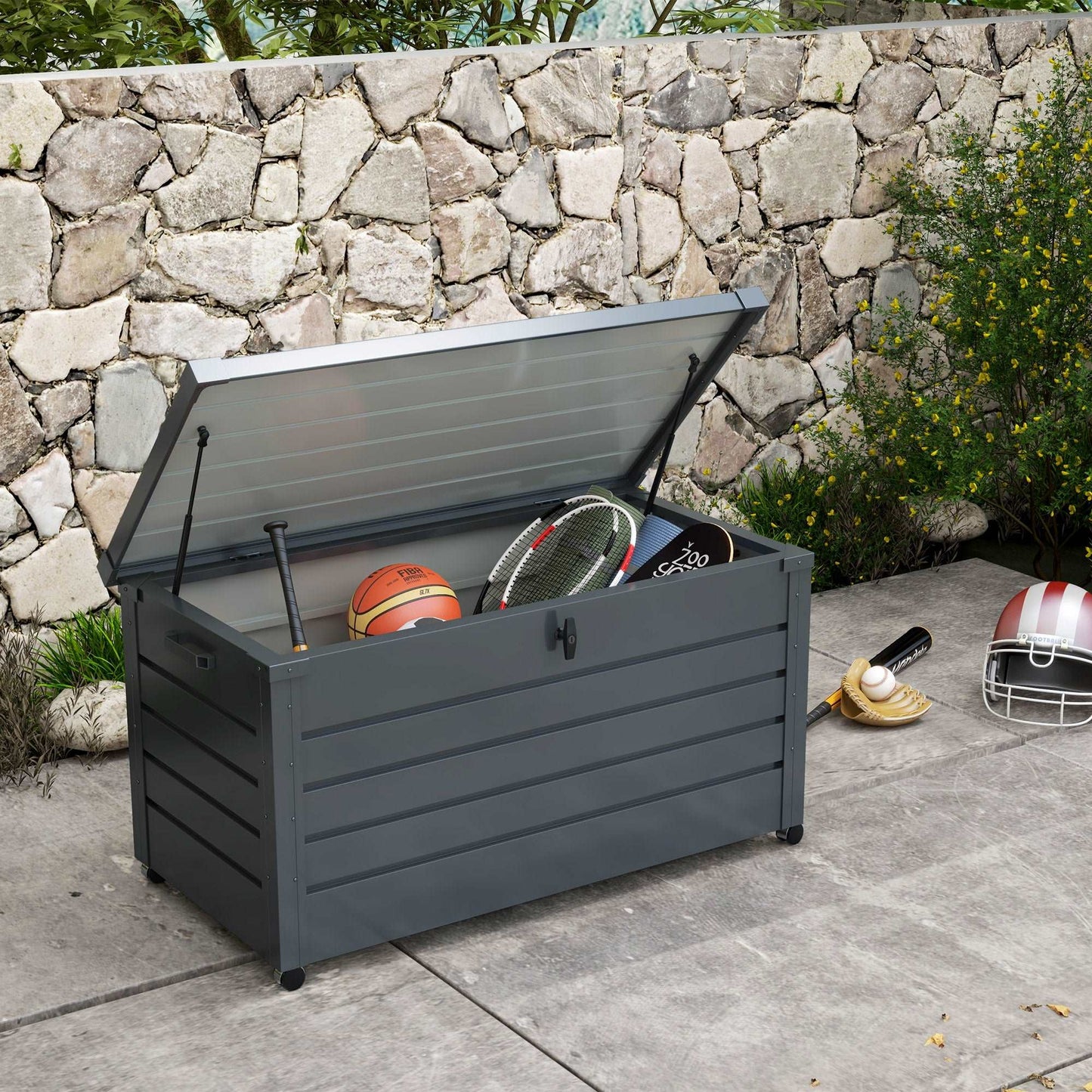 331 Litre Garden Waterproof Outdoor Storage Box With Wheels And Handles, Lockable Galvanised Steel Outside Deck Box Organiser - Dark Grey