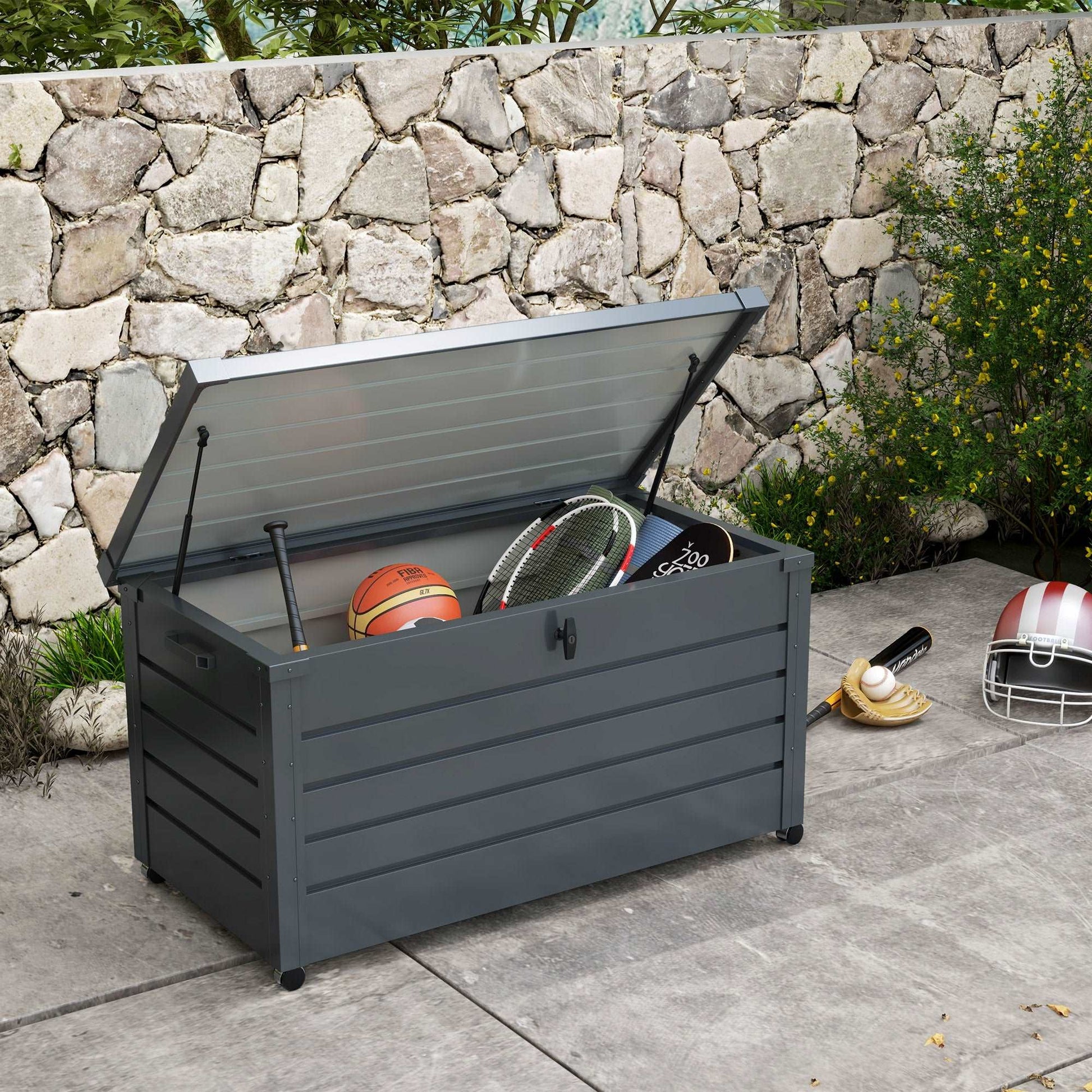331 Litre Garden Waterproof Outdoor Storage Box With Wheels And Handles, Lockable Galvanised Steel Outside Deck Box Organiser - Dark Grey
