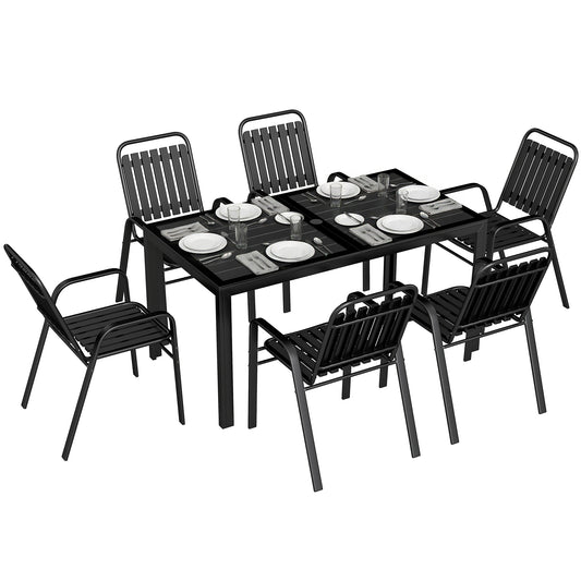 7 Pieces Outdoor Dining Set with Umbrella Hole, Garden Table and Chairs Set for 6 with Metal Table and Stackable Chairs