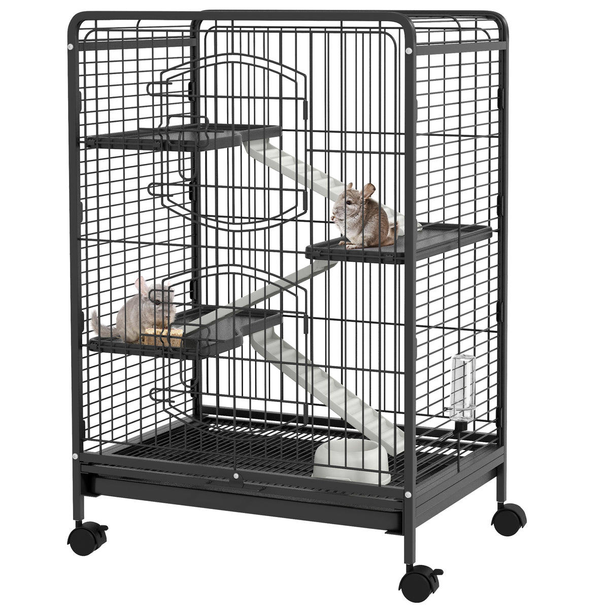 PawHut 4-Level Small Animal Cage | 95cm Tall Black | Metal PP Mesh | 3 Platforms 3 Ramps | Removable Tray | Rolling Lockable Wheels | Food Dish & Water Bottle | Multi-Door Access | 61.5x44x95cm