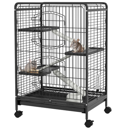 PawHut 4-Level Small Animal Cage | 95cm Tall Black | Metal PP Mesh | 3 Platforms 3 Ramps | Removable Tray | Rolling Lockable Wheels | Food Dish & Water Bottle | Multi-Door Access | 61.5x44x95cm