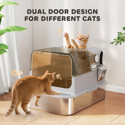 PawHut XXL Stainless Steel Cat Litter Tray, Enclosed Cat Litter Box with 90° Flip Cover, Double Doors, Scoop, Easy Clean, Grey