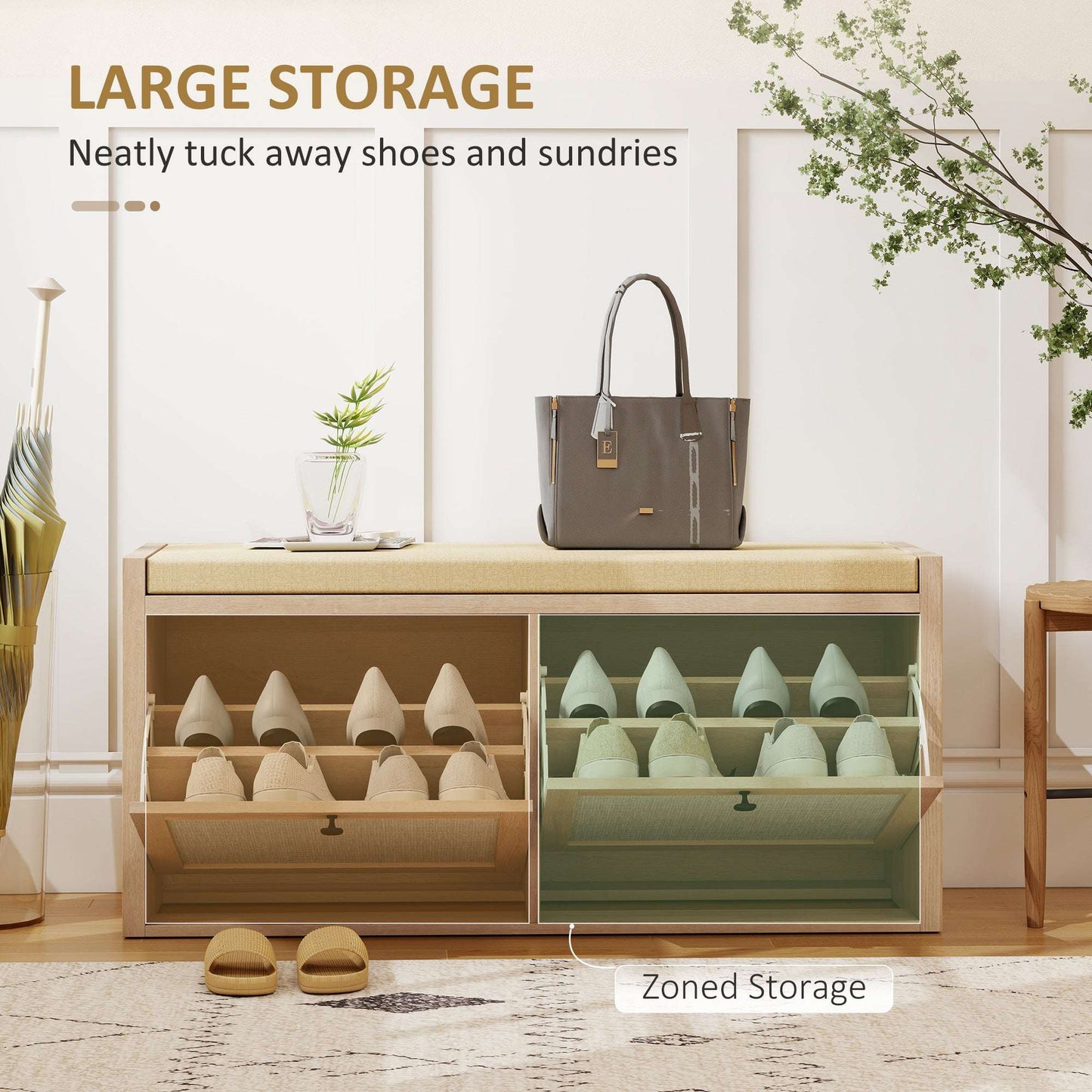 Hallway Shoe Bench | PE Rattan Doors | 4.5cm Foam Padded Seat for 2 | 2 Flip-Down Cabinets | Magnetic Catches | BS5852 Compliant | 180kg Capacity | 105x35x50cm | Oak Wood Effect