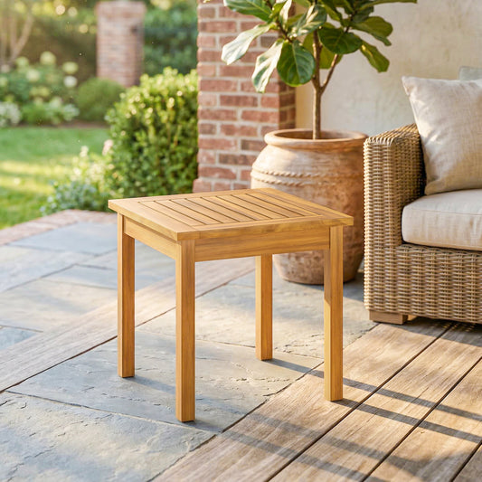 Solid Acacia Wood Coffee Table | Slatted Top | 30kg Capacity | Adjustable Foot Pads | No Assembly Required | Indoor & Outdoor | 48 x 48 x 46cm | Natural Teak Finish