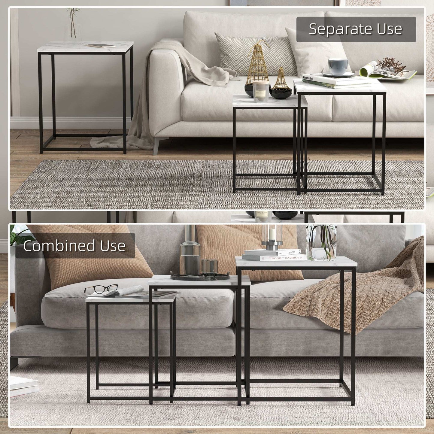 Nesting Tables Set of 3, Side End Table with Faux Marble Effect Top and Steel Legs for Living Room, Bedroom, White
