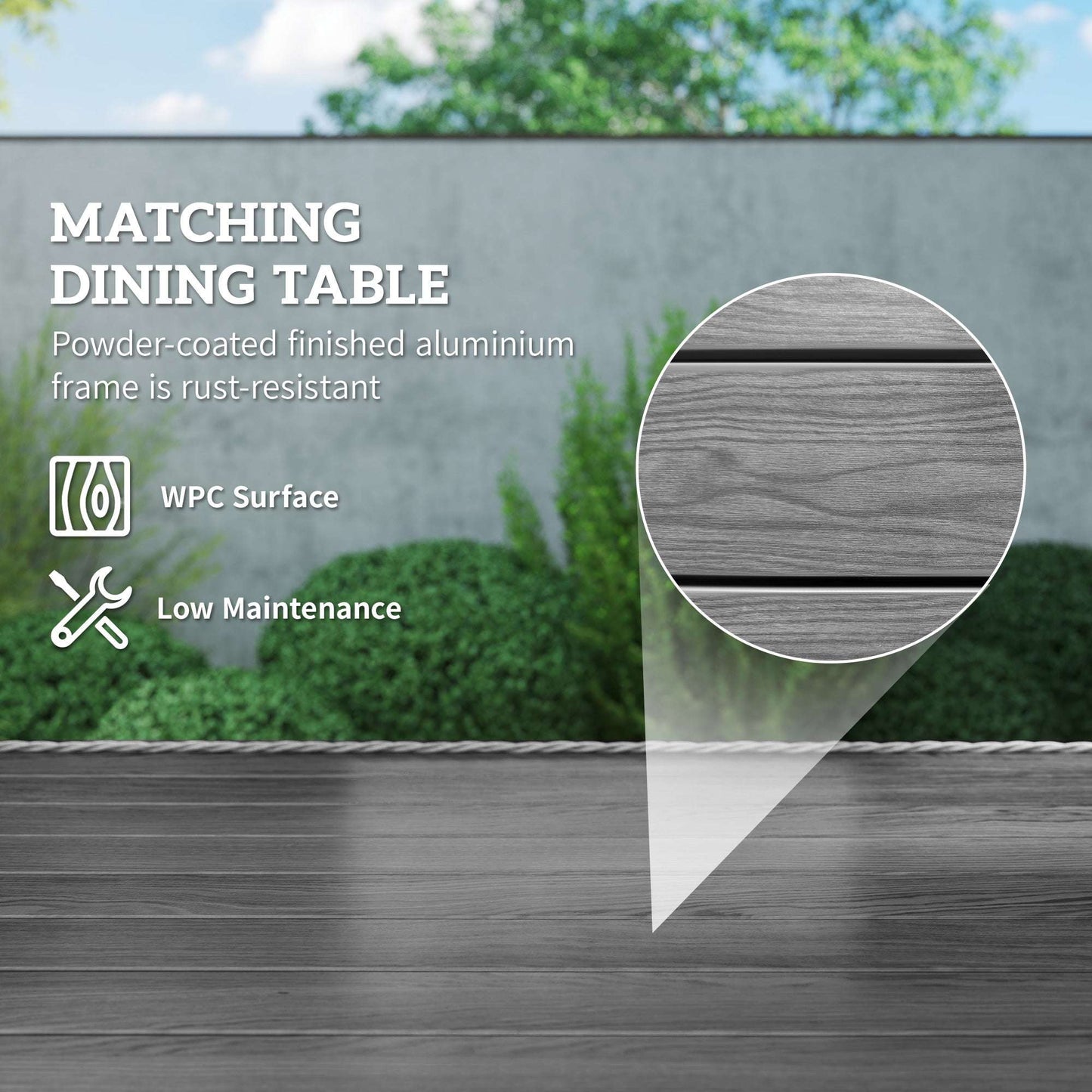 Rattan Dining Set with Seat and Back Cushions, 6 Seater Garden Furniture Set with Aluminium Frame, 6 Chairs, WPC Top Rectangle Table - Grey