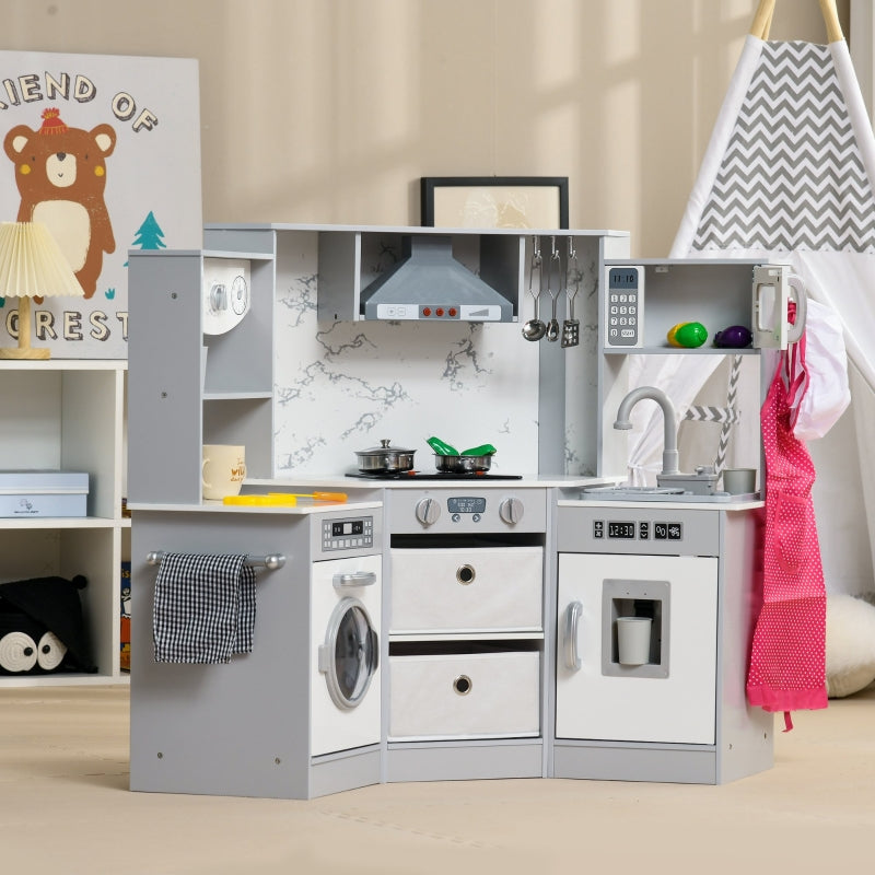 Kids Toy Kitchen With Running Water, Lights, Sounds, Apron and Chef Hat, Water Dispenser, for Ages 3-6 Years, Grey