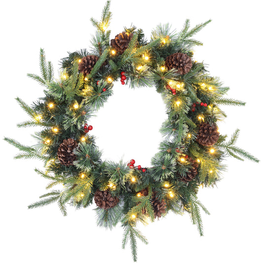 60cm Pre-Lit Christmas Wreath for Front Door with LED Lights, Pine Cones and Red Berries, Winter Wreath for Windows, Wall Decoration, Green
