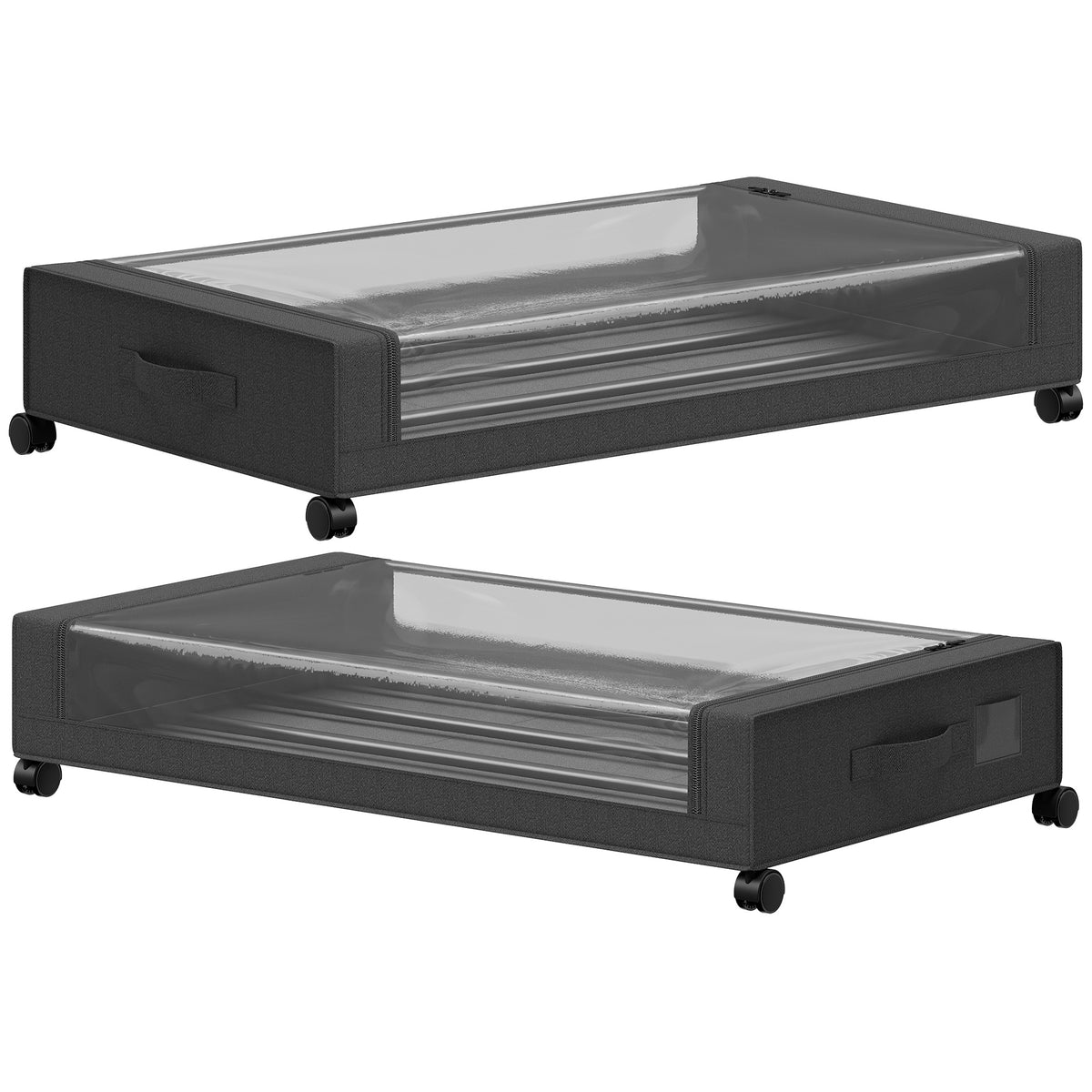 2-Pack Under-Bed Storage Boxes | 40 L Each Fabric Rolling Drawers with Clear PVC Lids & Wheels | 10 kg Load | Black