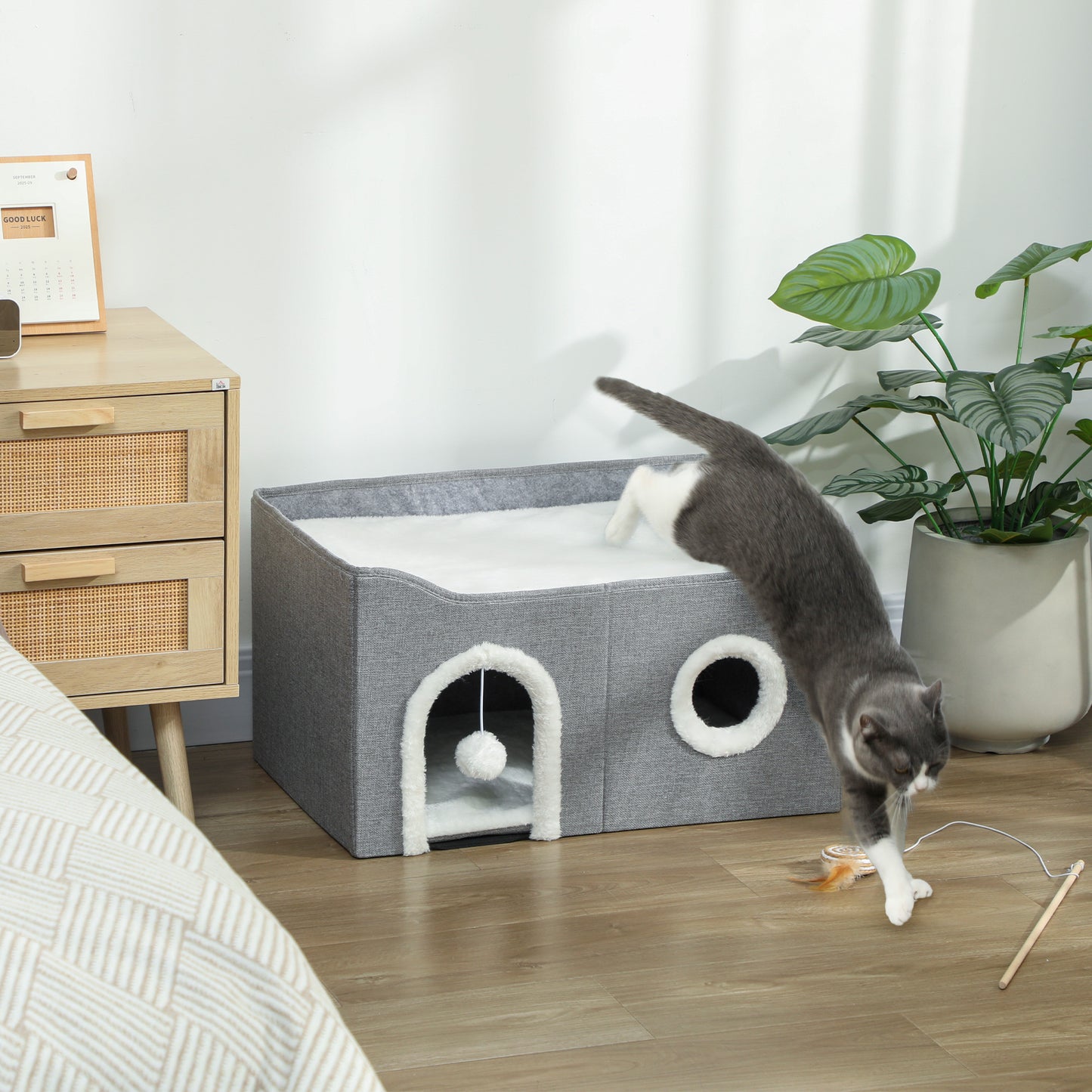 PawHut Cat Bed for Indoor Pets, Foldable Cat House with Fluffy Ball and Scratch Pad for Small and Medium Pets, Grey