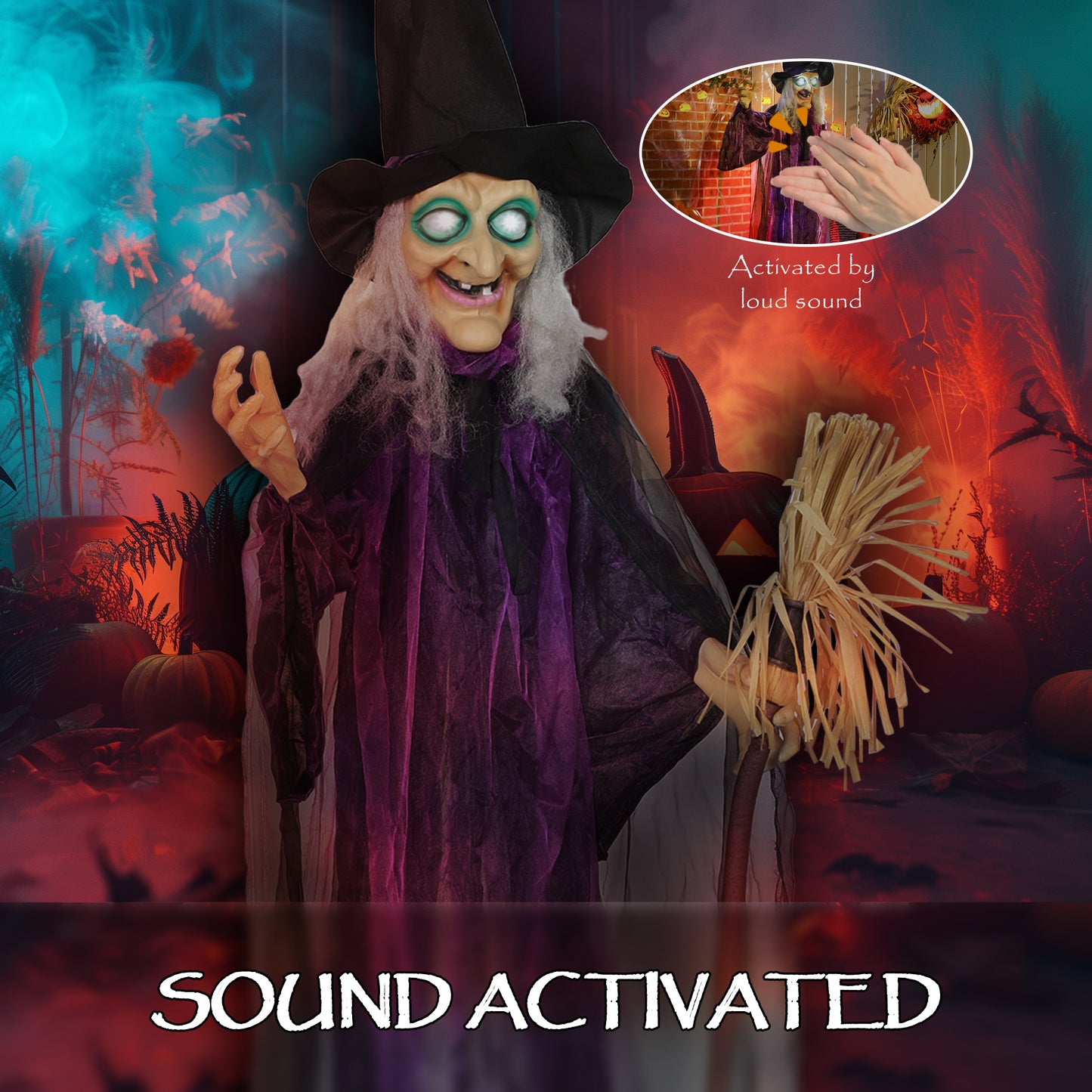 183 cm Life Size Halloween Animated Standing Witch & Broomstick with Glowing LED Eyes, Spooky Witch Scary Halloween Decorations, Battery Operated, Indoor Party Props