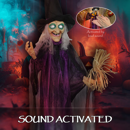 183 cm Life Size Halloween Animated Standing Witch & Broomstick with Glowing LED Eyes, Spooky Witch Scary Halloween Decorations, Battery Operated, Indoor Party Props