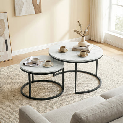 Set of 2 Round Nesting Coffee Tables | Marble-Effect MDF Top | Steel Frame | 50kg | Marble White