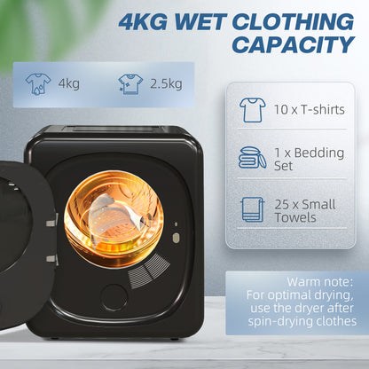 4kg Vented Tumble Dryer with Deodorise, Smart Mode, 800W Compact Tumble Dryer with Stainless Steel Tub, Front Load, for Flat, Home, RVs, Black
