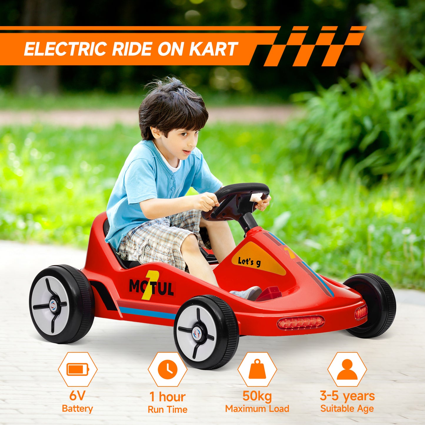AIYAPLAY 6V Electric Go Kart for Kids with Music, Light, Horn, for 3-5 Years, Red / Blue / Yellow