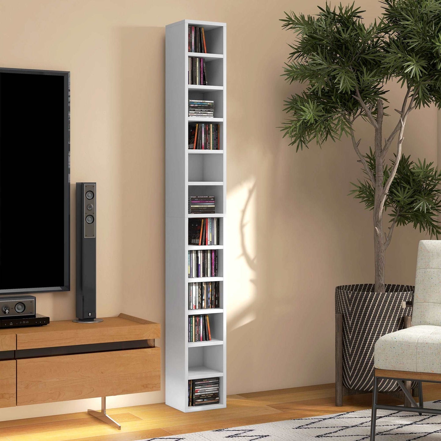 204 CD Storage Unit, DVD Storage Tower with 12 Cubes, 175cm Tall Bookcase for Living Room, Home Office, Study Room, White