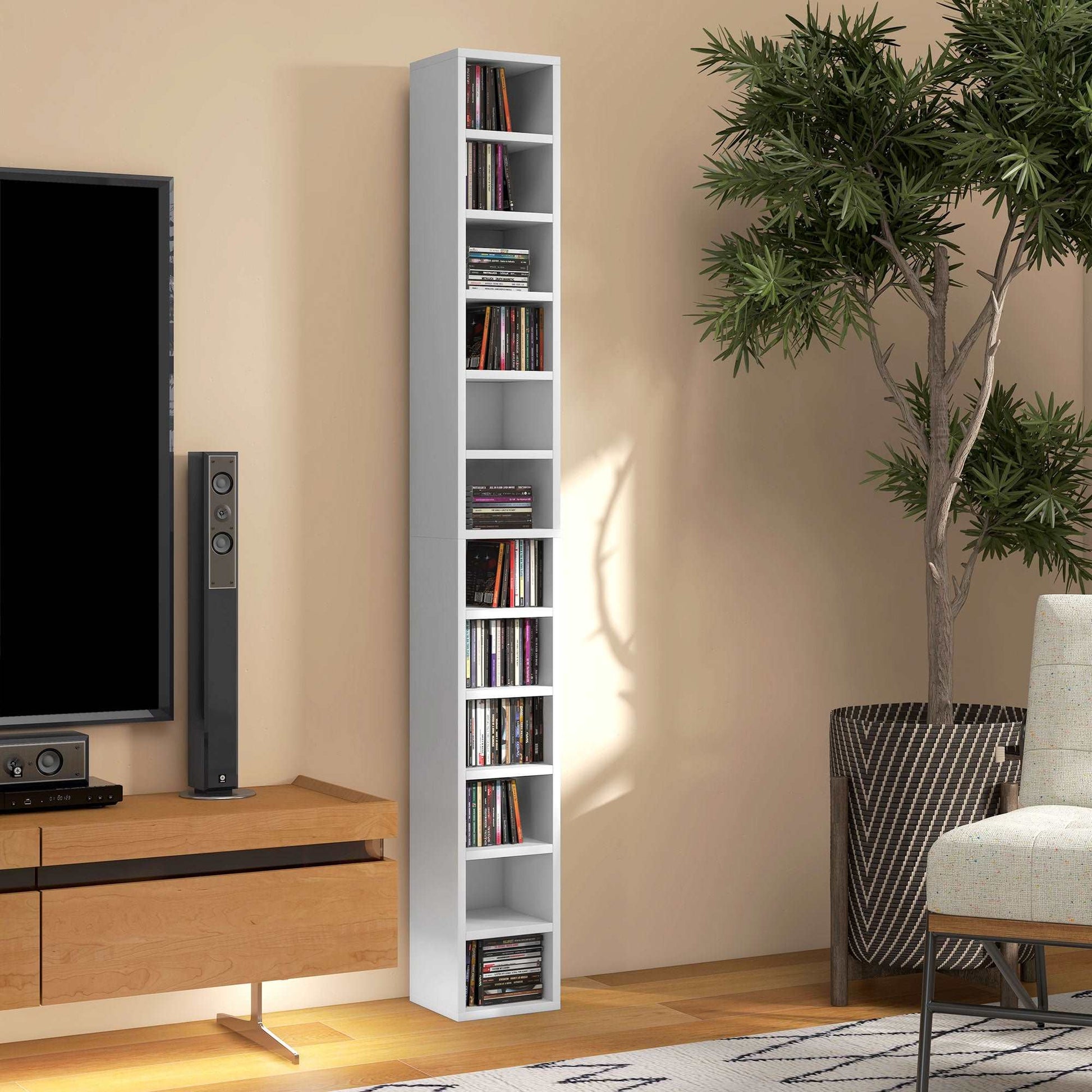204 CD Storage Unit, DVD Storage Tower with 12 Cubes, 175cm Tall Bookcase for Living Room, Home Office, Study Room, White