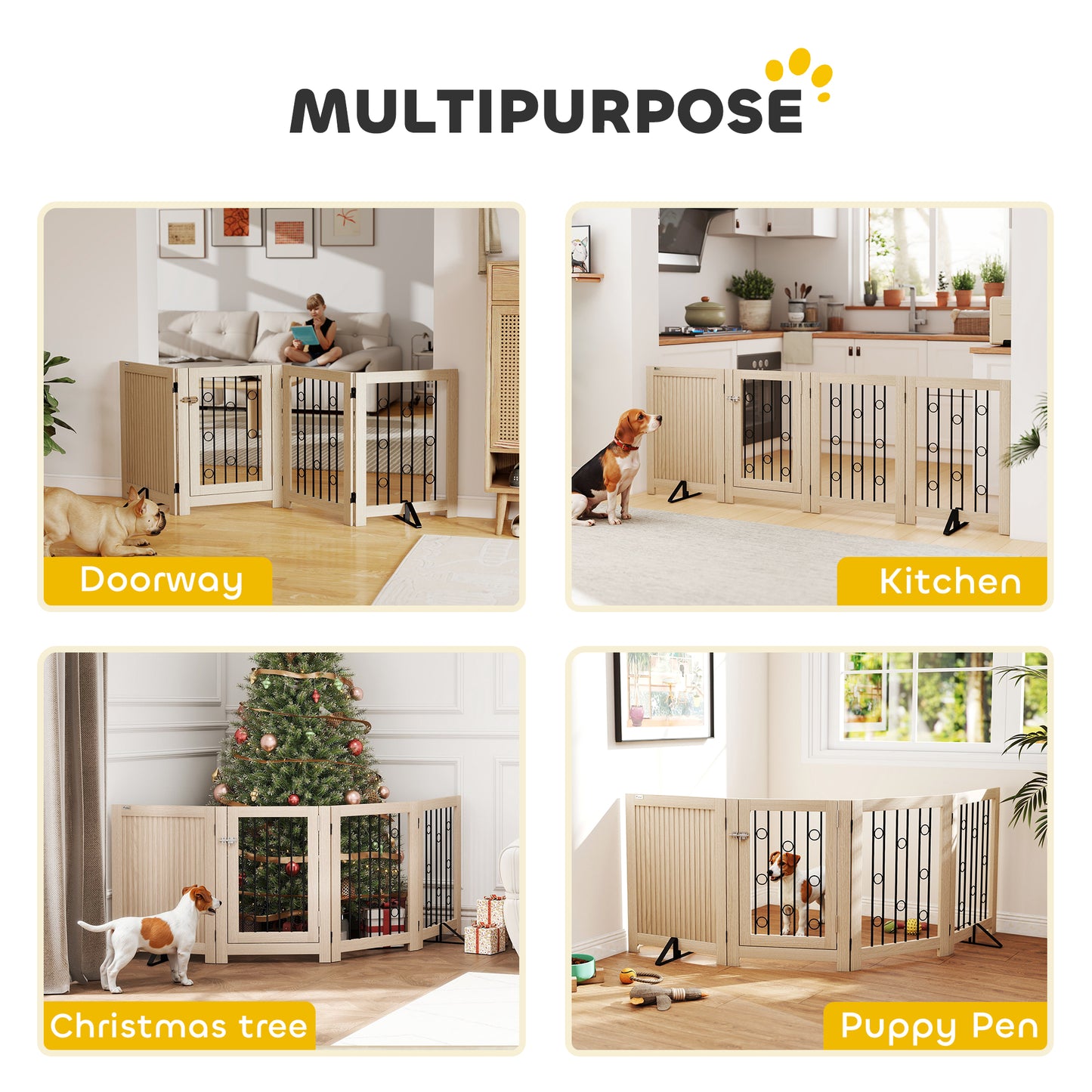 4 Panel Freestanding Pet Gate, Indoor Dog Barrier with Lockable Door, Support Feet, 360° Flexible Hinges, Oak