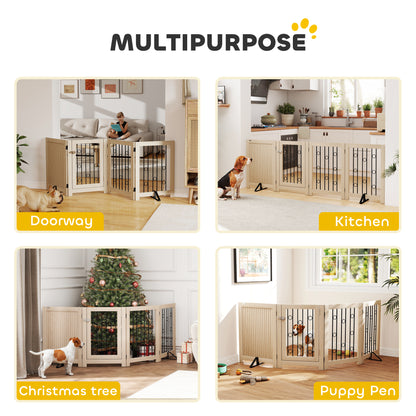 4 Panel Freestanding Pet Gate, Indoor Dog Barrier with Lockable Door, Support Feet, 360° Flexible Hinges, Oak