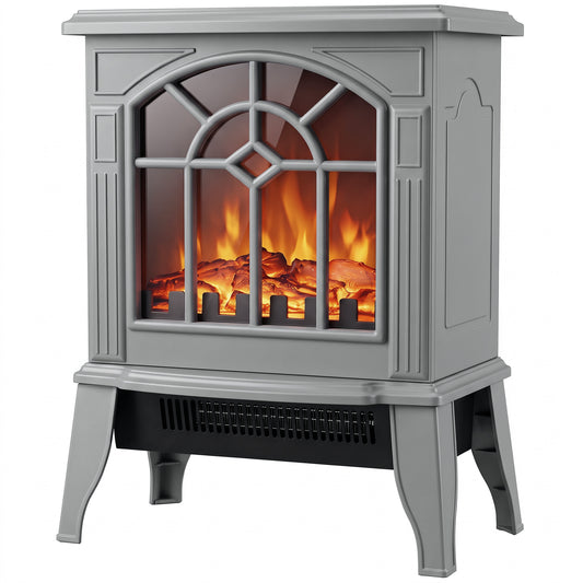 Electric Fireplace Stove | Grey Freestanding 2000W Heater with 3D LED Flame Effect