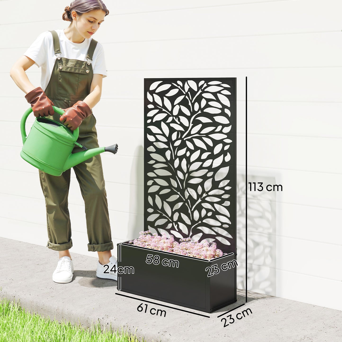 Outdoor Metal Planter, with Back Trellis - Black