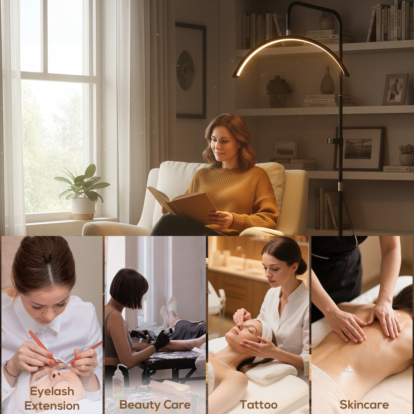 Half Moon Lash Light, Beauty Floor Lamp with 350° Rotatable Head, 7 Colour Temperature and Phone Holder, Dimmable Standing Lamp for Eyelash Extension, Tattoo, Nails, Skincare, Black