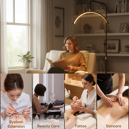 Half Moon Lash Light, Beauty Floor Lamp with 350° Rotatable Head, 7 Colour Temperature and Phone Holder, Dimmable Standing Lamp for Eyelash Extension, Tattoo, Nails, Skincare, Black