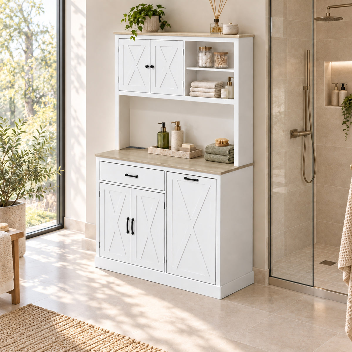 Kitchen Pantry Cabinet | 112W x 175H cm | Barn-Style Doors, Drawer, Spice Racks & Tilt-Out Bin Storage | White & Oak-Effect