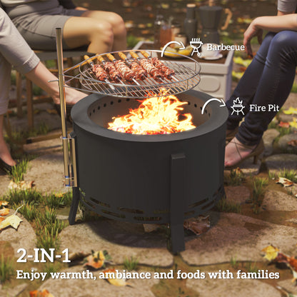 Portable Fire Pit, 58 cm Round Firepit with Grill Grate, Fire Bowl with Ash Catcher and Poker, Fire Pit BBQ for Garden Camping Bonfire Picnic, Black
