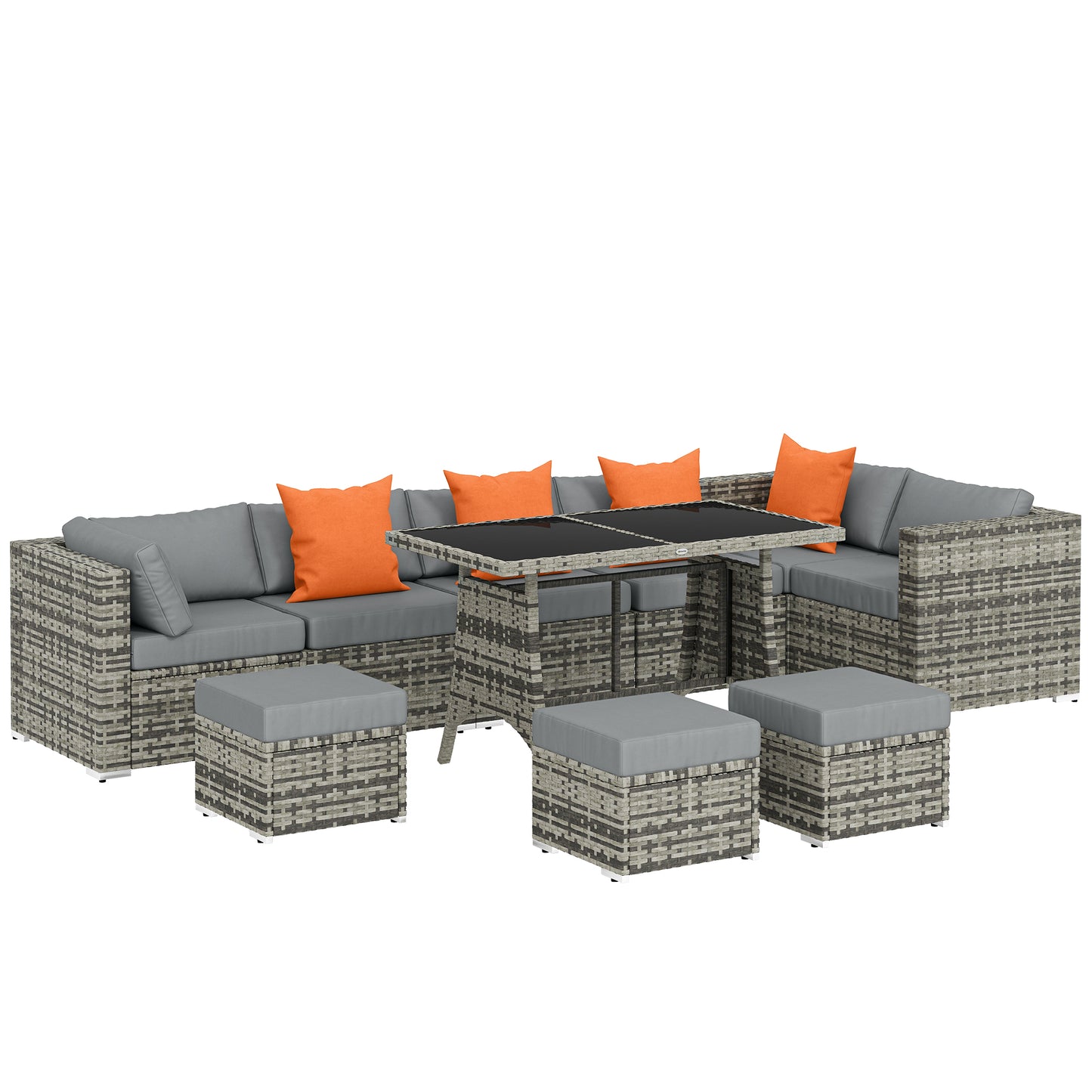 10-Piece PE Rattan Garden Furniture Set | 6 Chairs | 3 Footstools | Tempered Glass Dining Table | 10cm Zip Cushions | 4 Accent Pillows | L-Shaped Feet | 120kg Capacity | Grey & Dark Grey