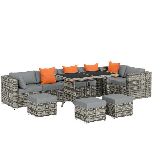 10-Piece PE Rattan Garden Furniture Set | 6 Chairs | 3 Footstools | Tempered Glass Dining Table | 10cm Zip Cushions | 4 Accent Pillows | L-Shaped Feet | 120kg Capacity | Grey & Dark Grey